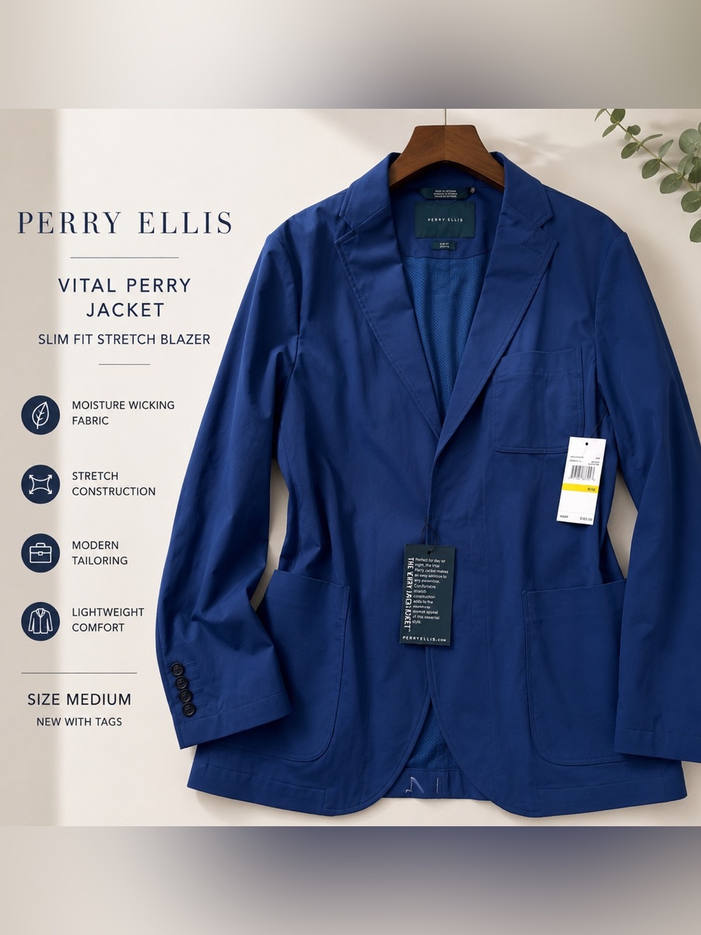 Perry Ellis Vital Perry Jacket Blue Slim Fit Stretch Blazer NWT Medium